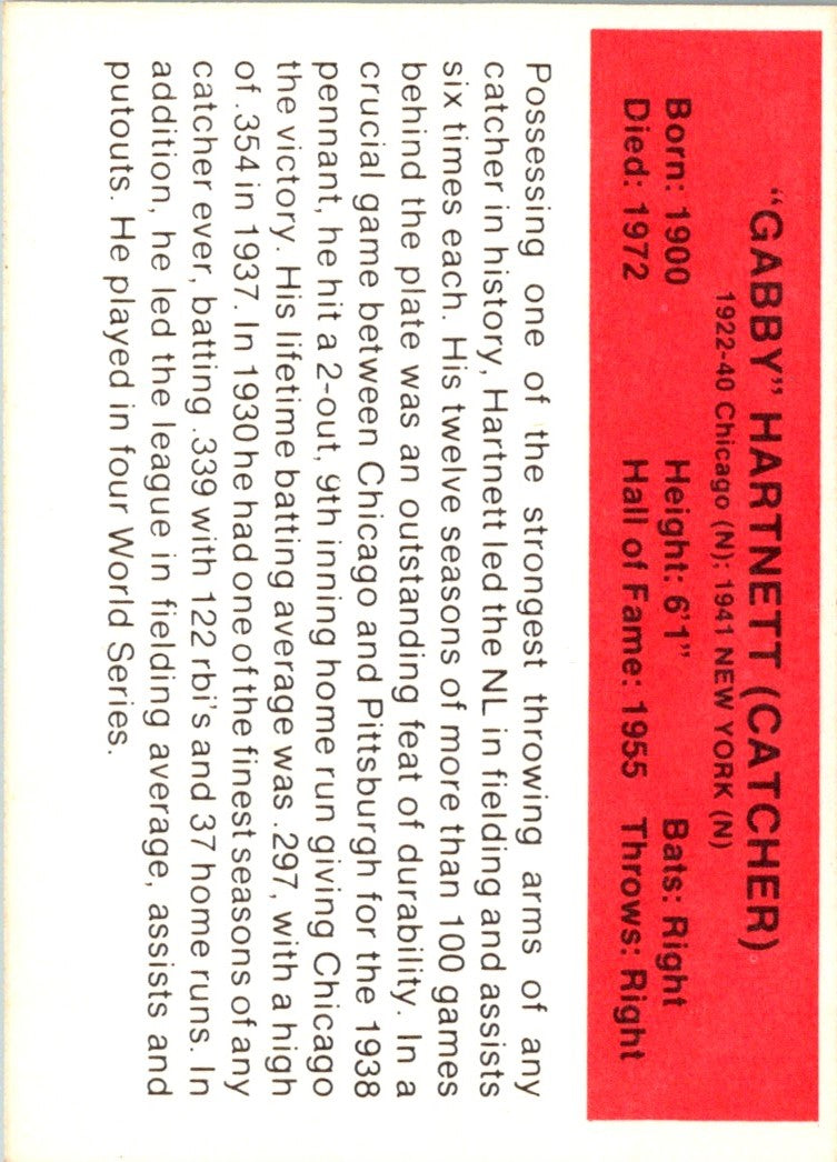 1987 Hygrade All-Time Greats Gabby Hartnett