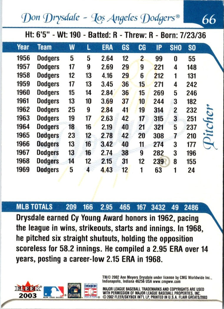 2003 Flair Greats Don Drysdale