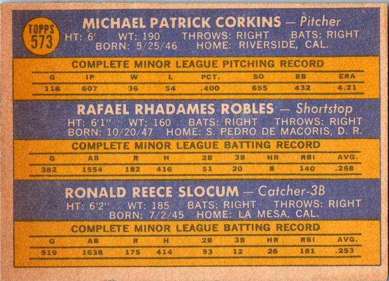 1970 Topps Padres 1970 Rookie Stars - Mike Corkins/Rafael Robles/Ron Slocum