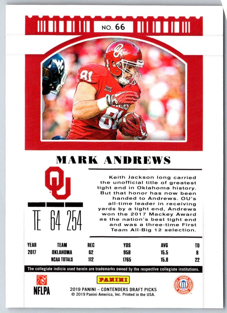 2019 Panini Contenders Draft Picks Collegiate Ticket Blue Foil Mark Andrews