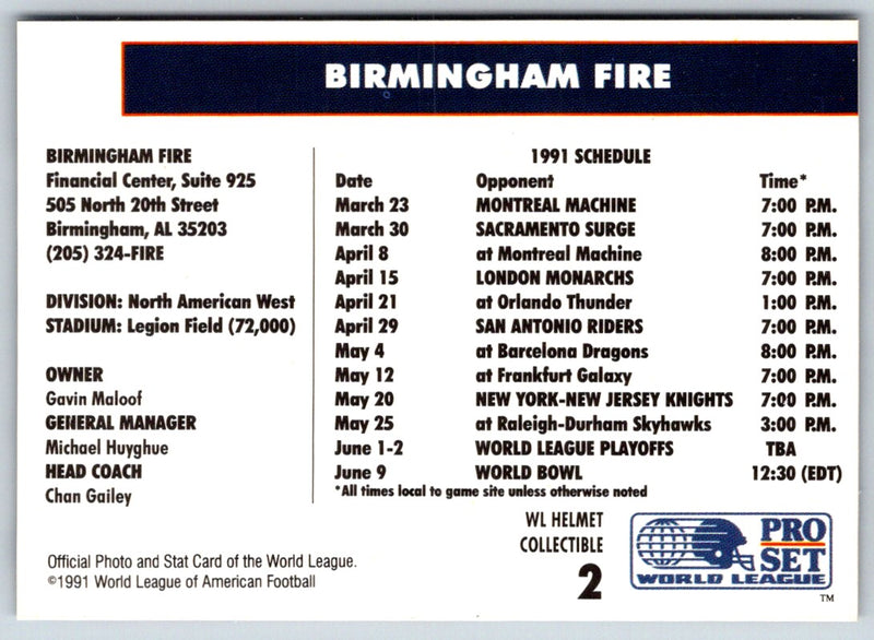 1991 Pro Set WLAF Helmets Birmingham Fire