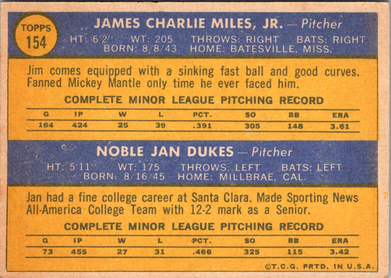 1970 Topps Senators Rookies - Jim Miles/Jan Dukes
