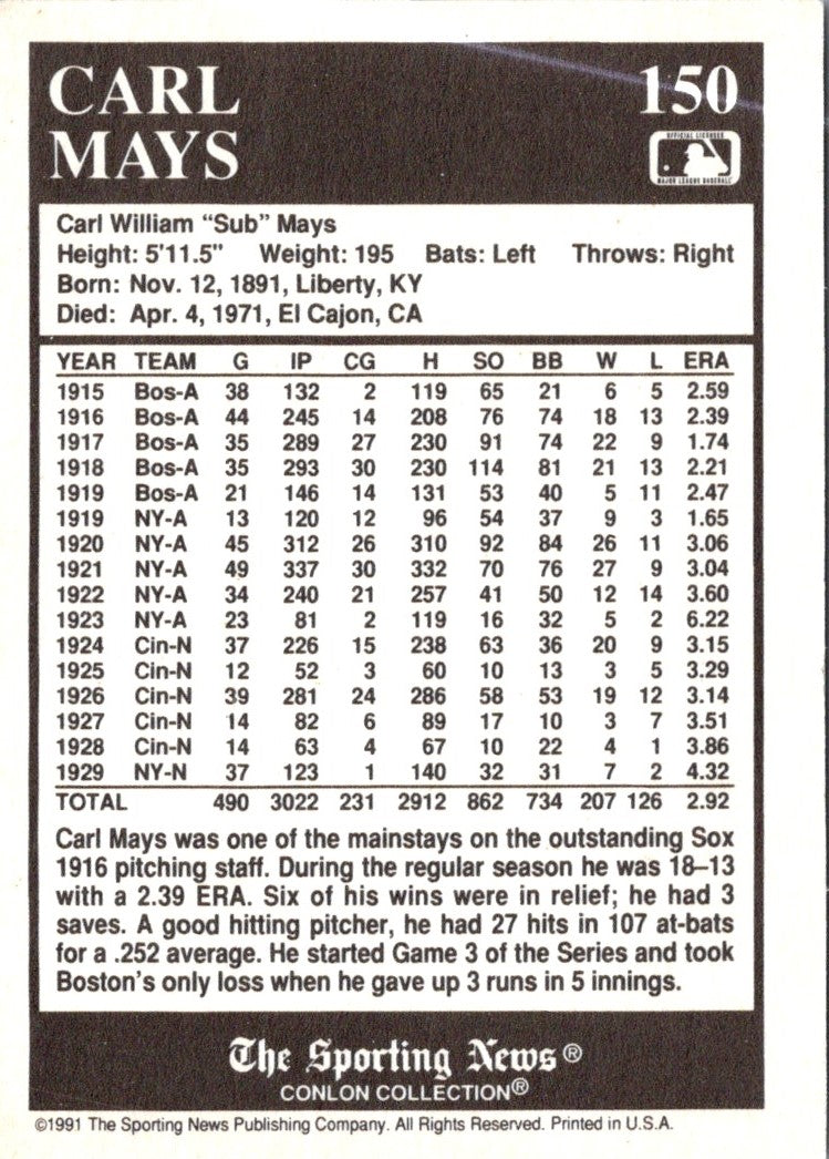 1991 Conlon Collection TSN Carl Mays