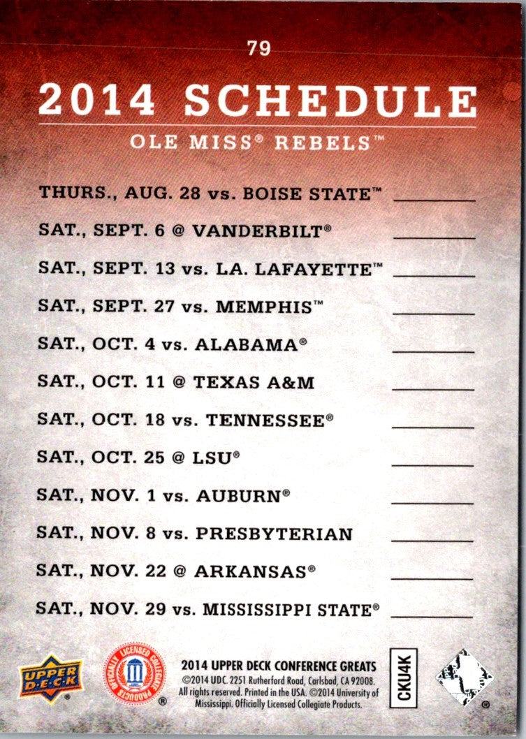 2014 Upper Deck Conference Greats Mississippi Team Schedule