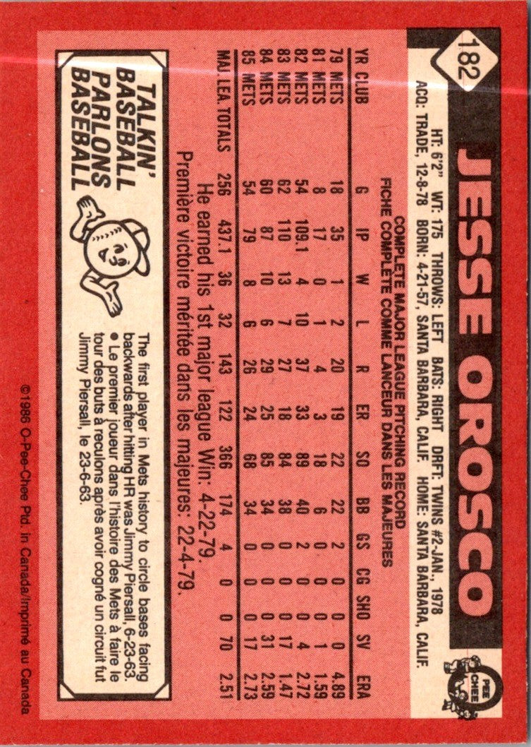 1986 O-Pee-Chee Jesse Orosco