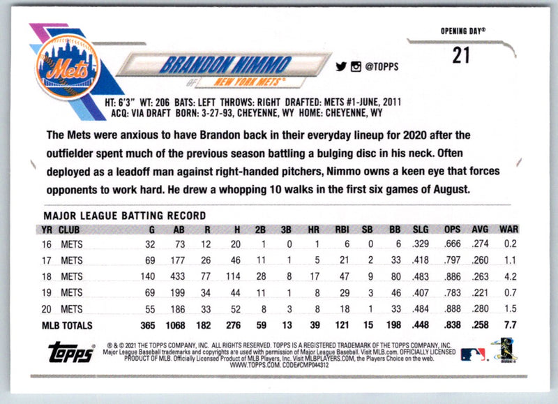 2021 Topps Opening Day Brandon Nimmo