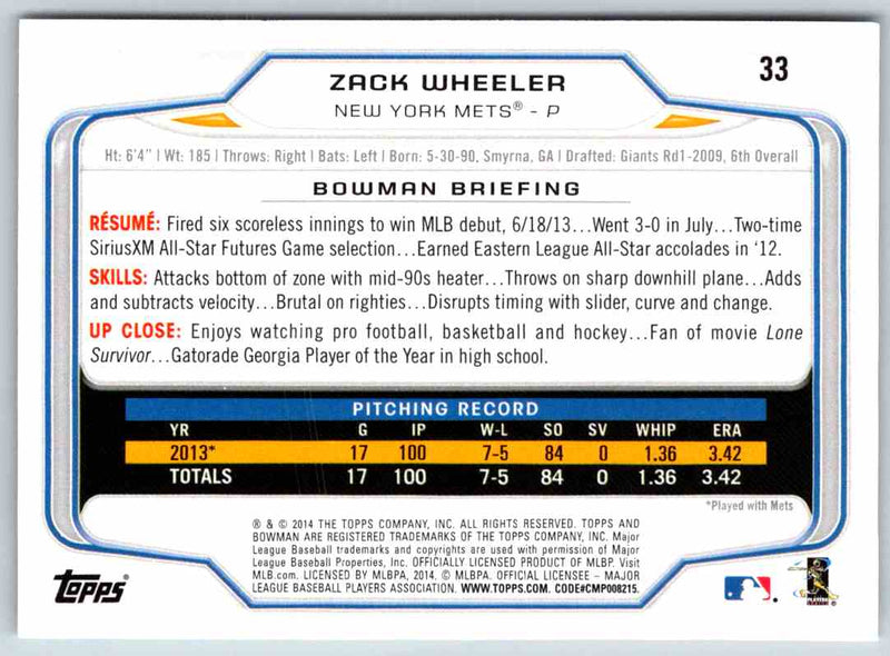 2014 Bowman Zack Wheeler