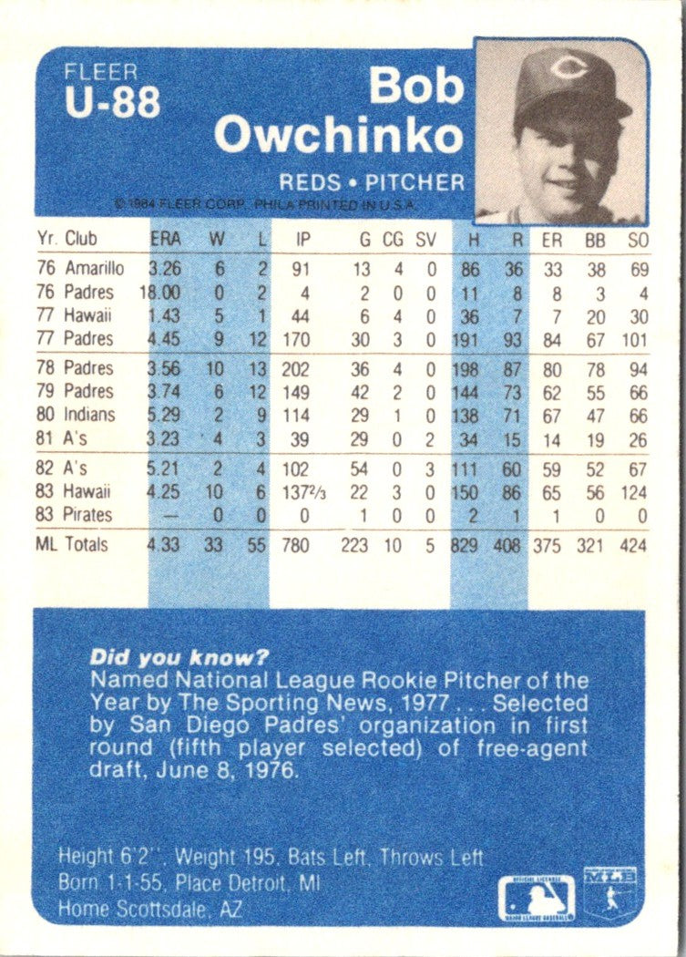 1984 Fleer Update Bob Owchinko