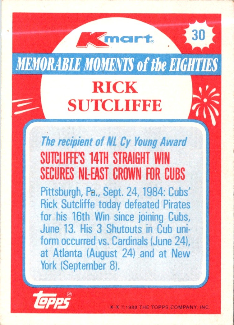 1988 Topps Kmart Memorable Moments Rick Sutcliffe