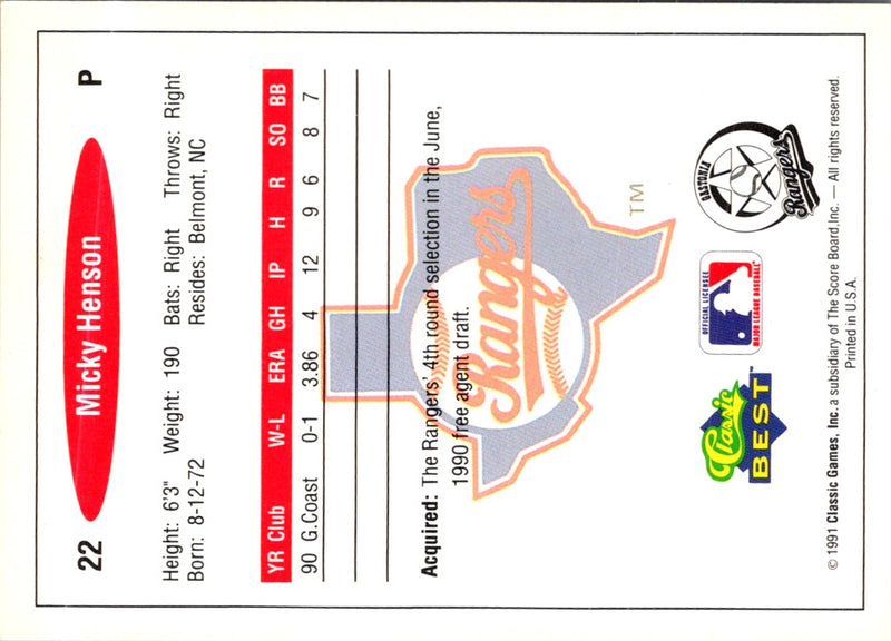 1991 Classic Best Micky Henson