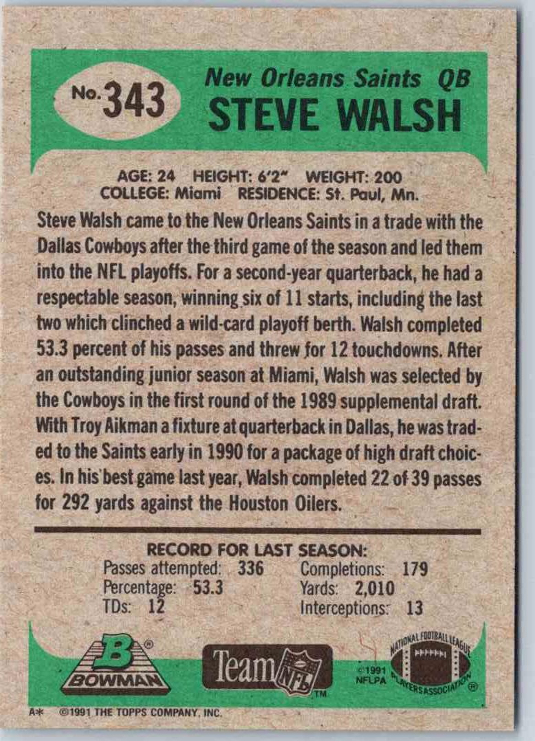 1991 Bowman Football Steve Walsh