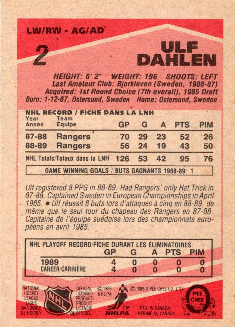 1989 O-Pee-Chee Ulf Dahlen