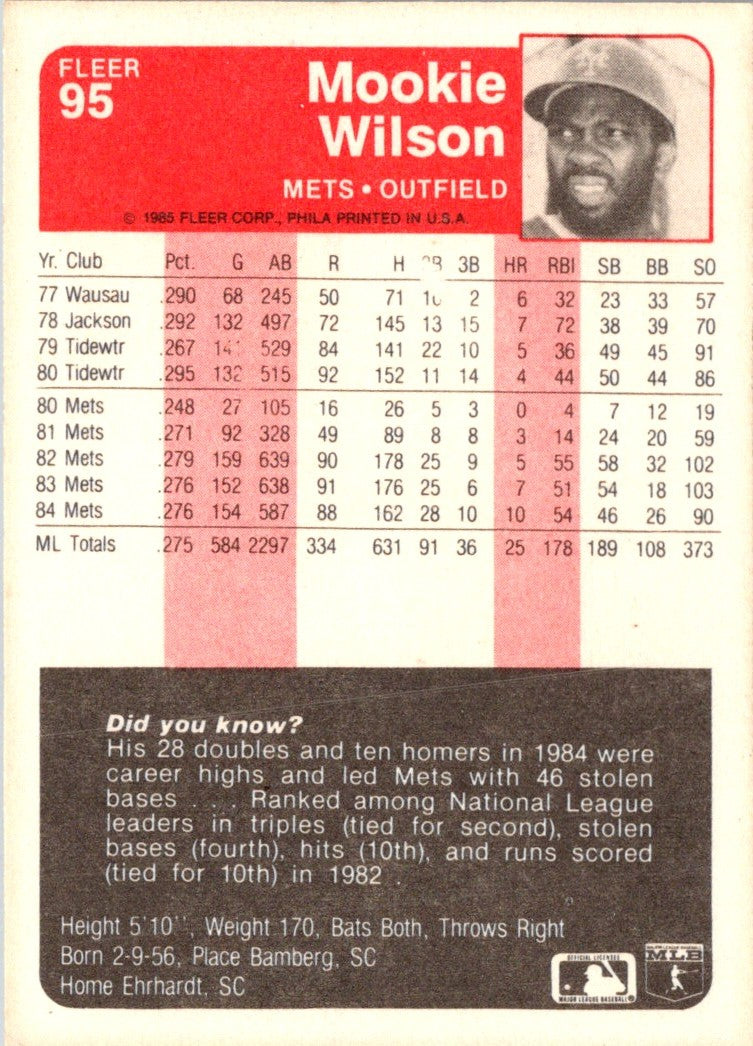 1985 Fleer Mookie Wilson