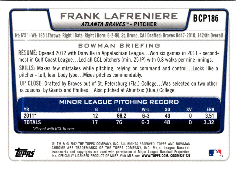 2012 Bowman Chrome Prospects Frank Lafreniere