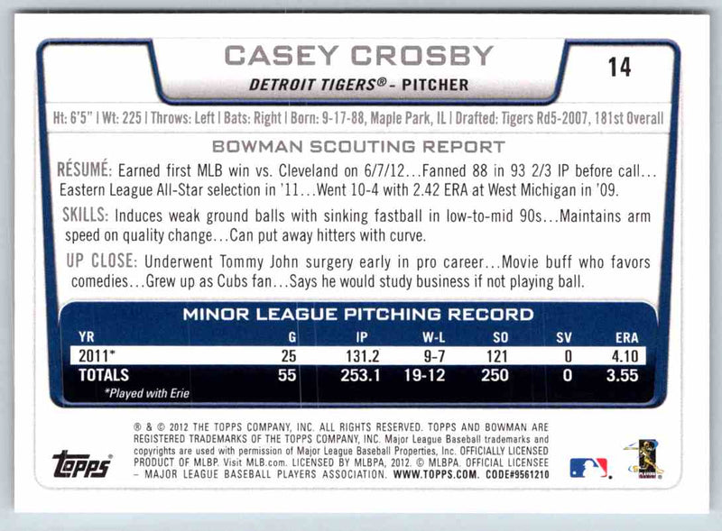 2012 Bowman Casey Crosby