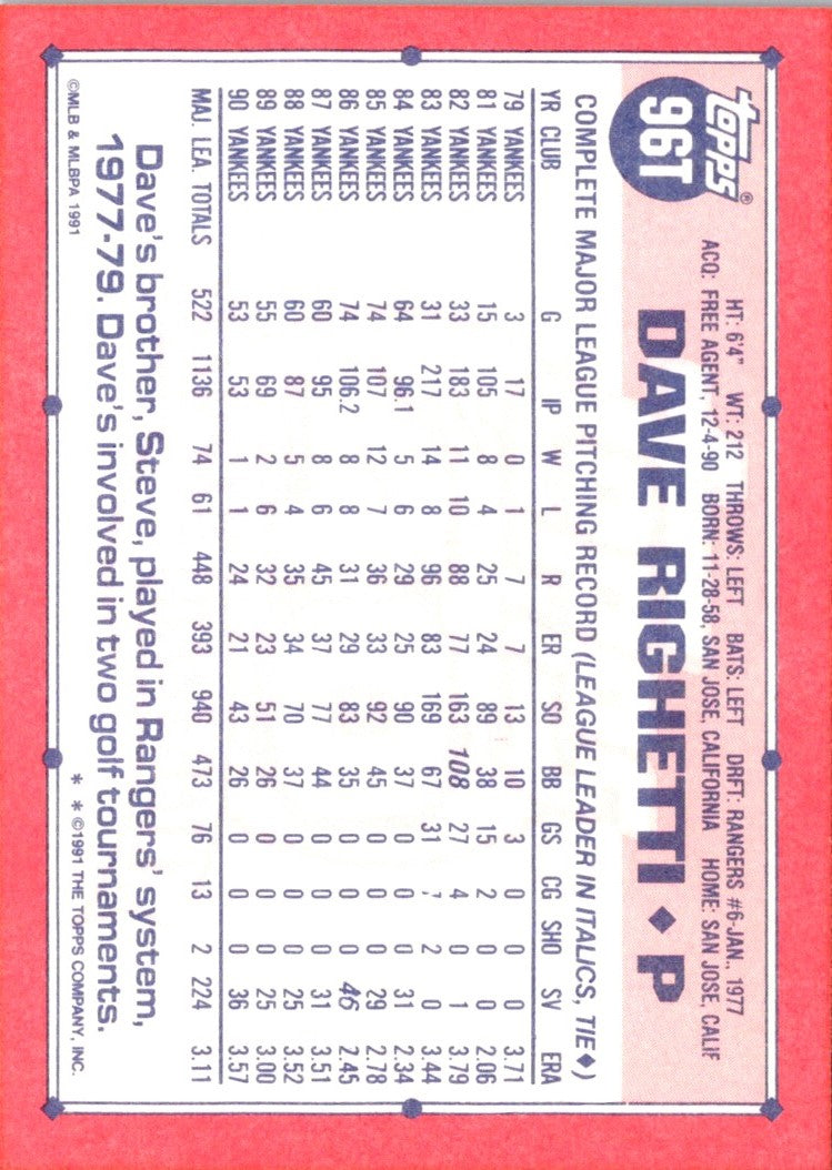 1991 Topps Traded Dave Righetti