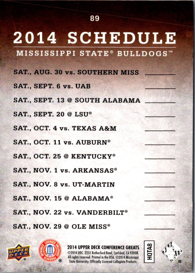 2014 Upper Deck Conference Greats Mississippi State Team Schedule