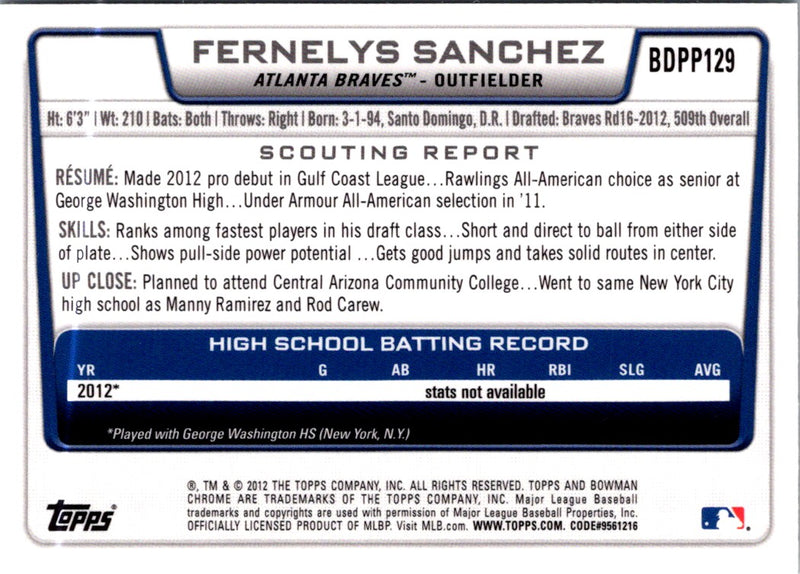 2012 Bowman Draft Picks & Prospects Chrome Fernelys Sanchez