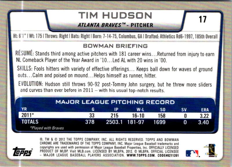 2012 Bowman Chrome Tim Hudson