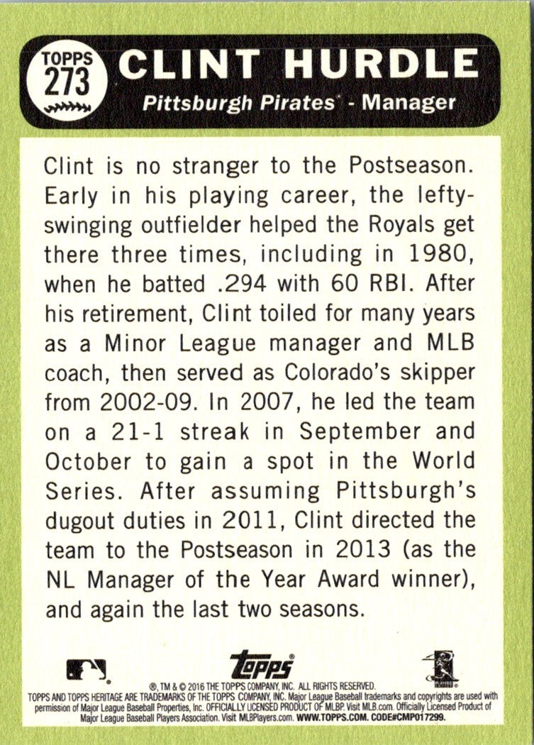 2016 Topps Heritage Clint Hurdle