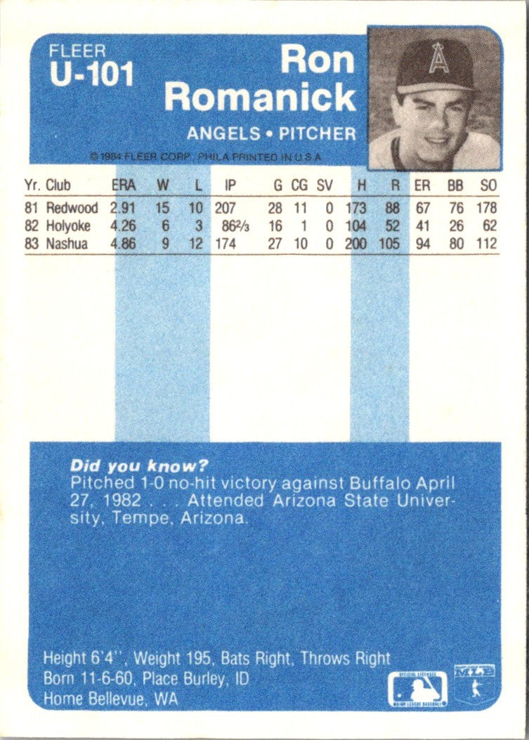 1984 Fleer Update Ron Romanick