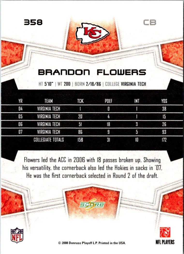 2008 Score Super Bowl XLIII Brandon Flowers