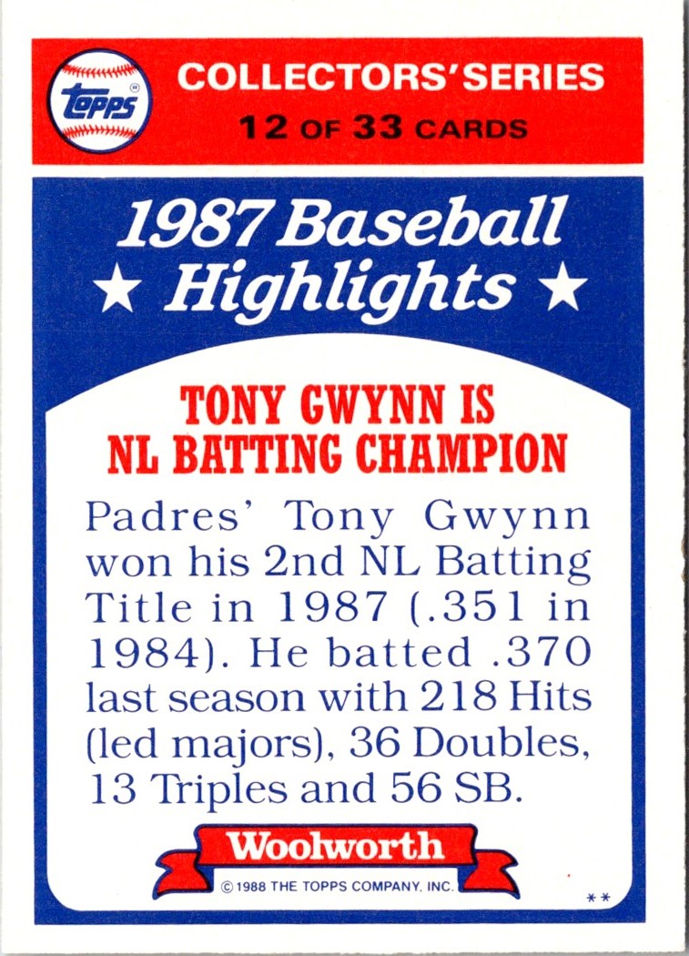 1988 Topps Woolworth Baseball Highlights Tony Gwynn