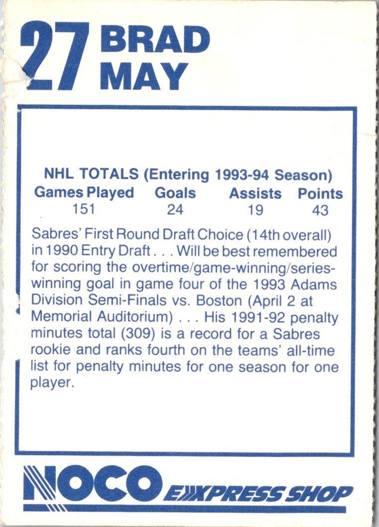 1993 NOCO Buffalo Sabres Brad May