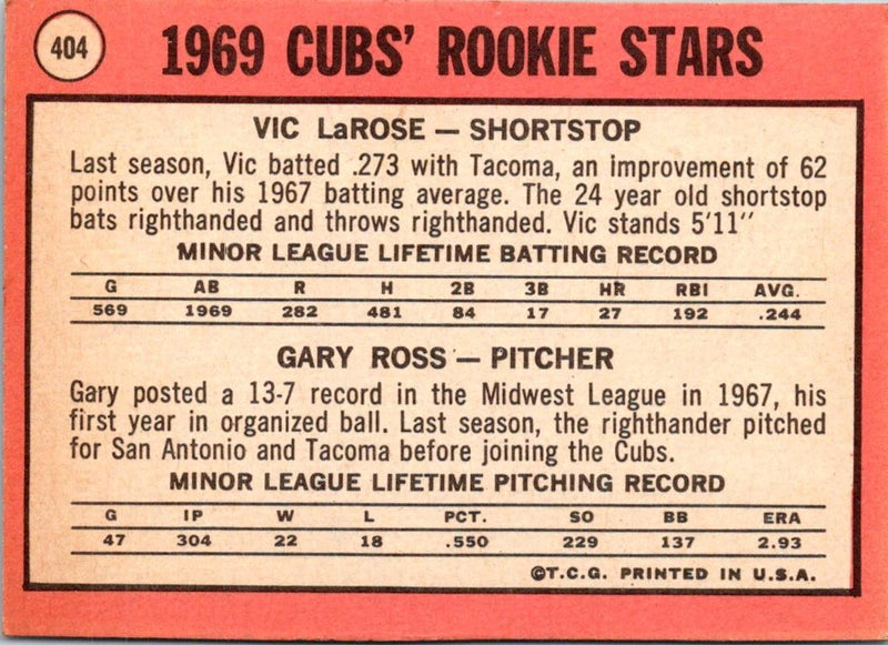 1969 Topps Cubs Rookies - Vic LaRose/Gary Ross