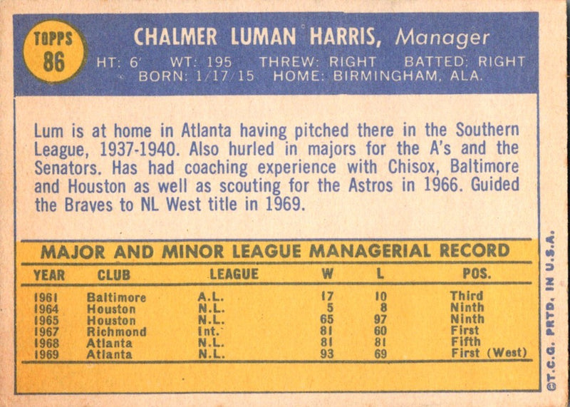 1970 Topps Lum Harris