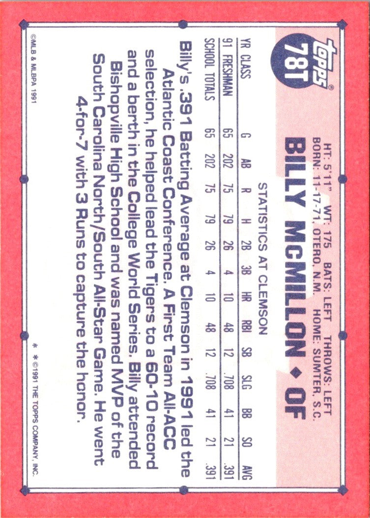 1991 Topps Traded Billy McMillon