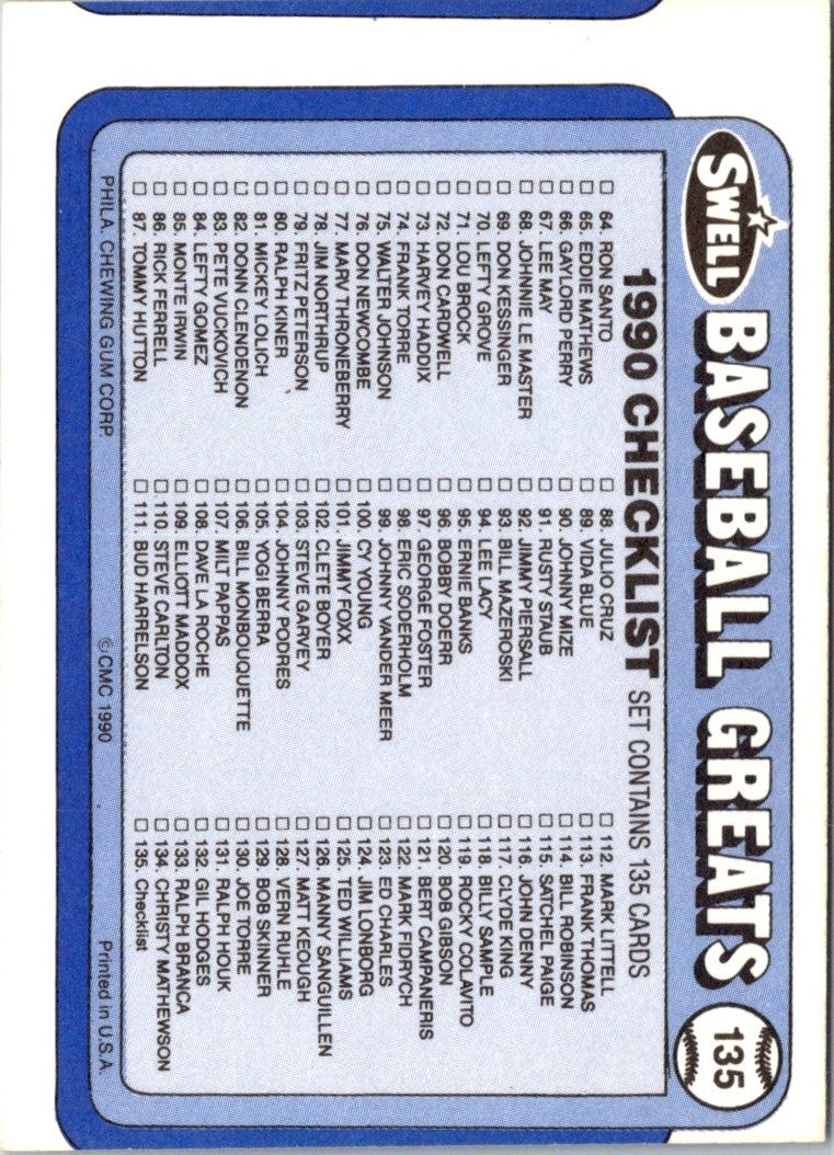 1989 Swell Baseball Greats Checklist Card