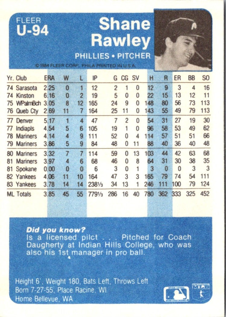 1984 Fleer Update Shane Rawley