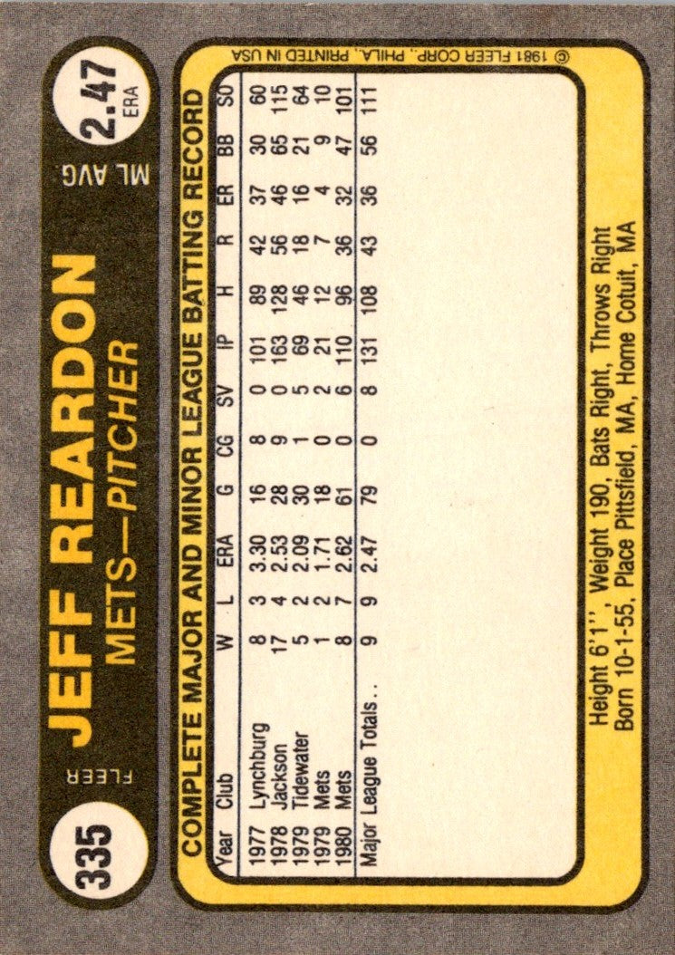 1981 Fleer Jeff Reardon