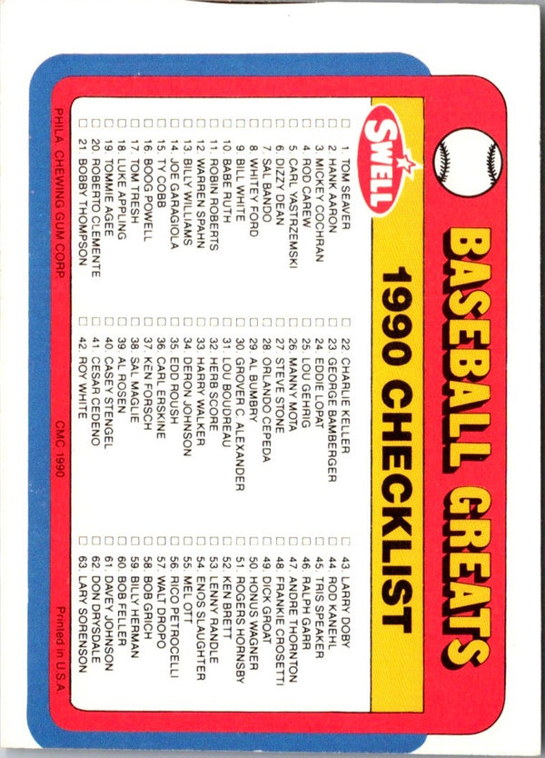1989 Swell Baseball Greats Checklist Card #135