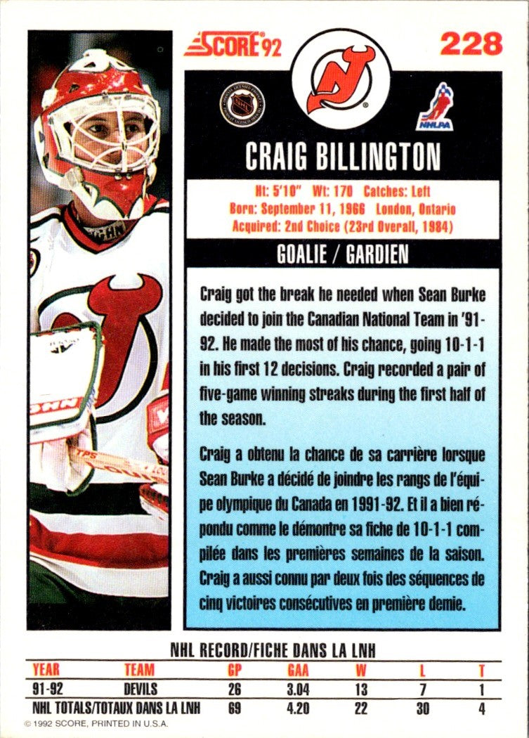 1992 Score Canadian Craig Billington