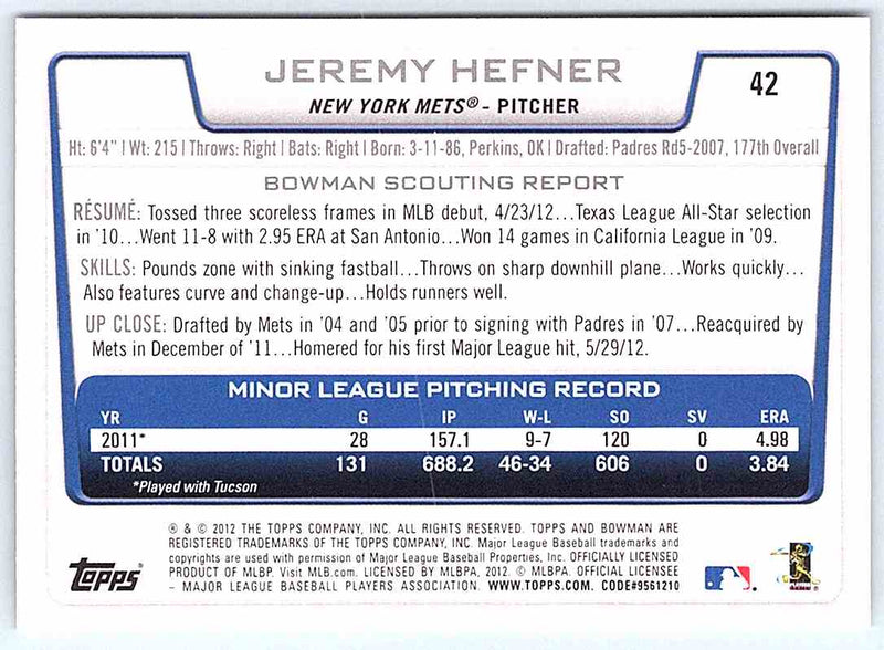 2012 Bowman Jeremy Hefner