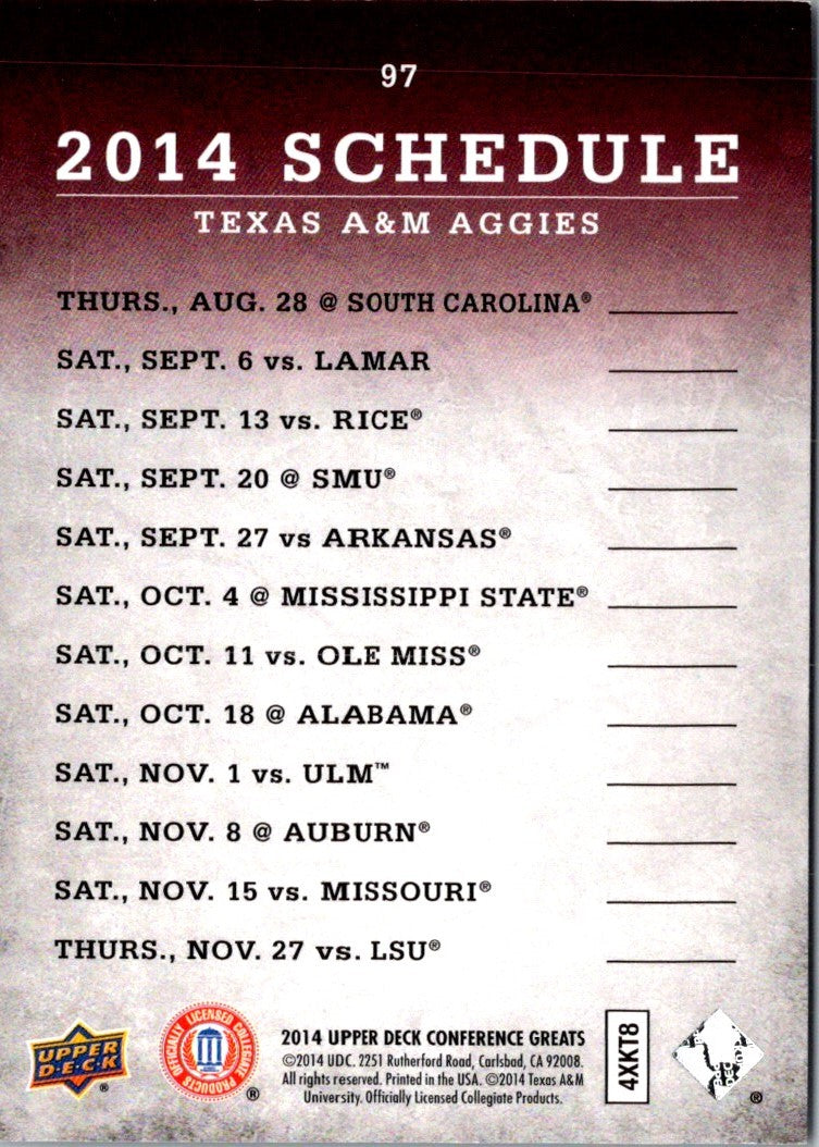 2014 Upper Deck Conference Greats Texas A&M Team Schedule