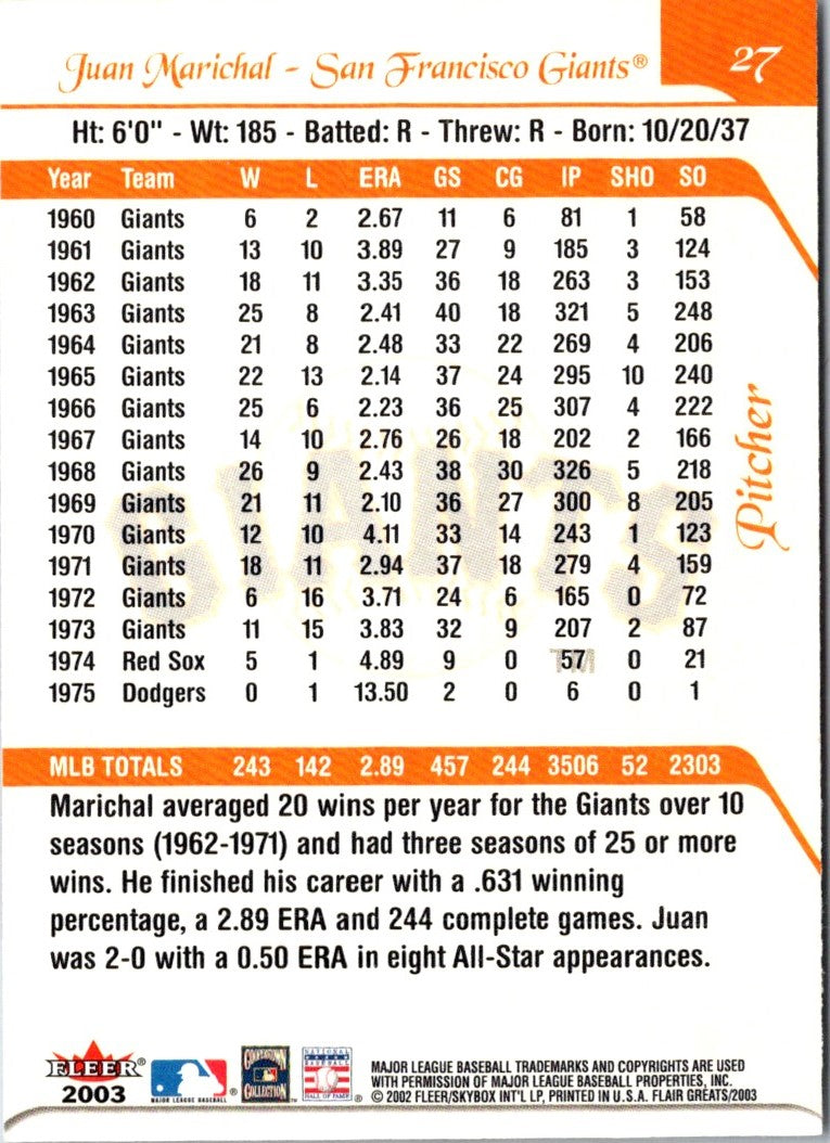 2003 Flair Greats Juan Marichal