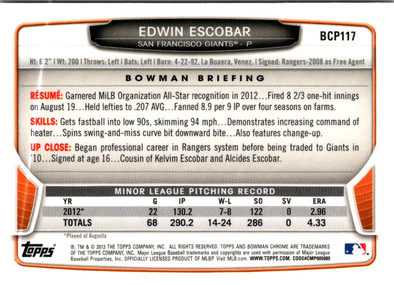 2013 Bowman Chrome Prospects Edwin Escobar