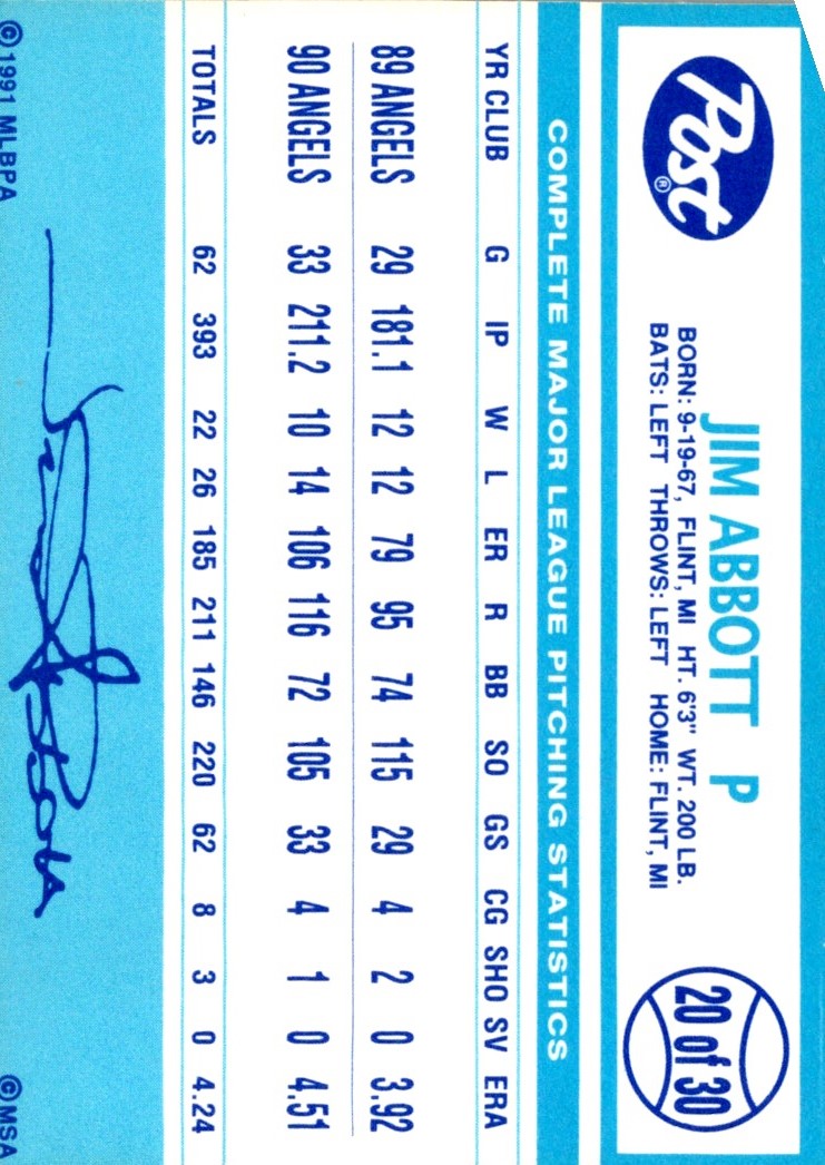 1991 Post Cereal Jim Abbott