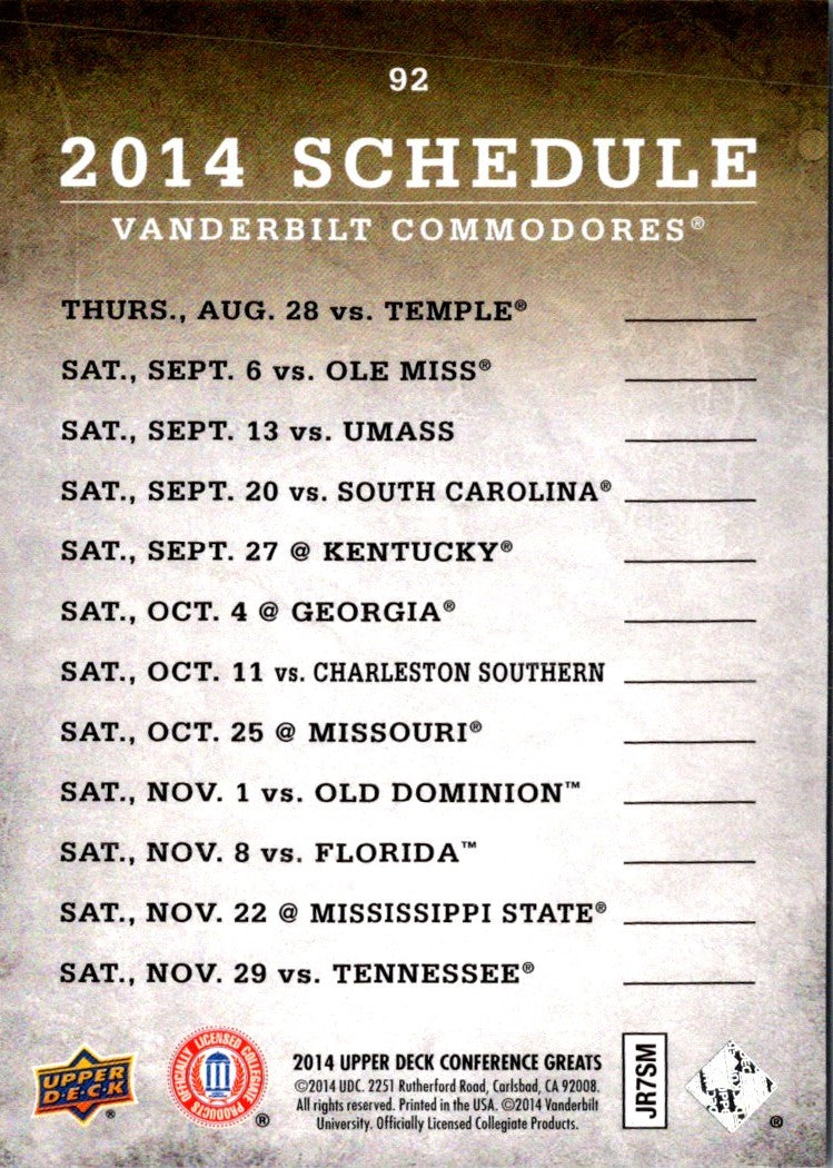 2014 Upper Deck Conference Greats Vanderbilt Team Schedule