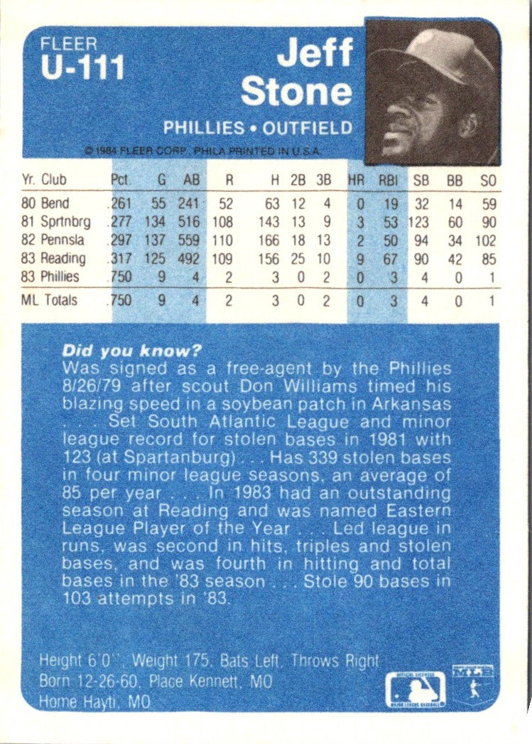 1984 Fleer Update Jeff Stone