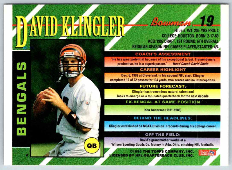 1993 Bowman Football David Klingler