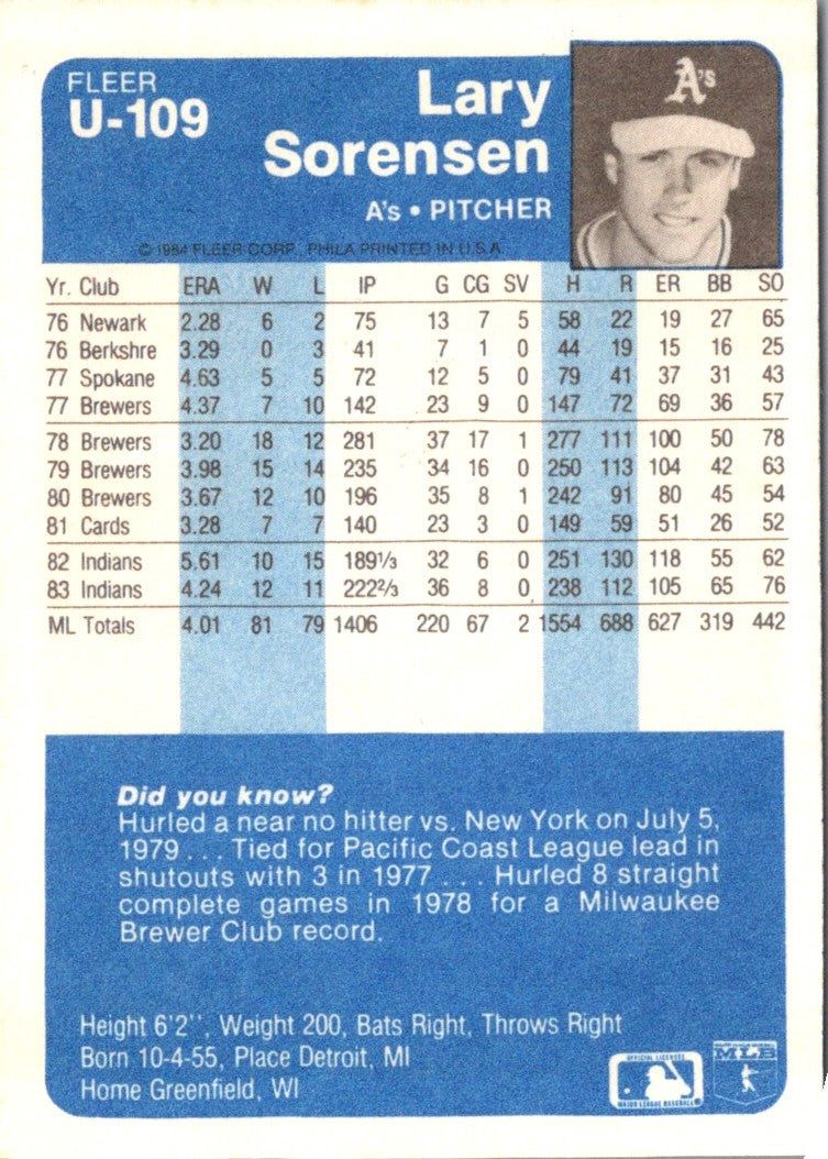 1984 Fleer Update Lary Sorensen