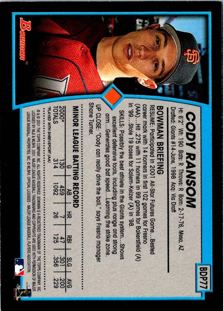 2001 Bowman Draft Picks & Prospects Cody Ransom