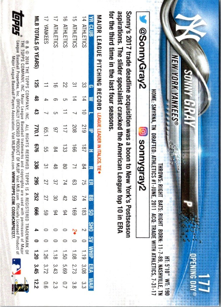 2018 Topps Opening Day Sonny Gray