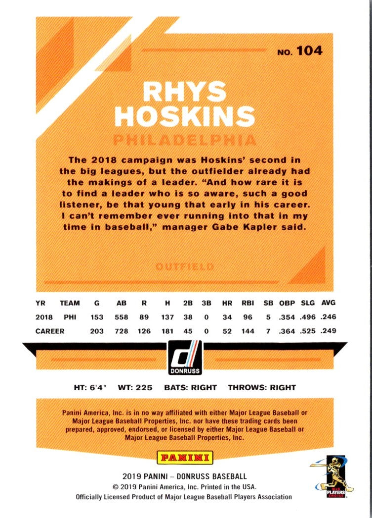 2019 Donruss Holo Orange Rhys Hoskins