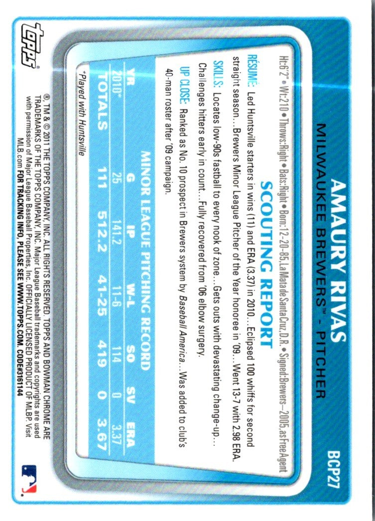 2011 Bowman Chrome Prospects Amaury Rivas