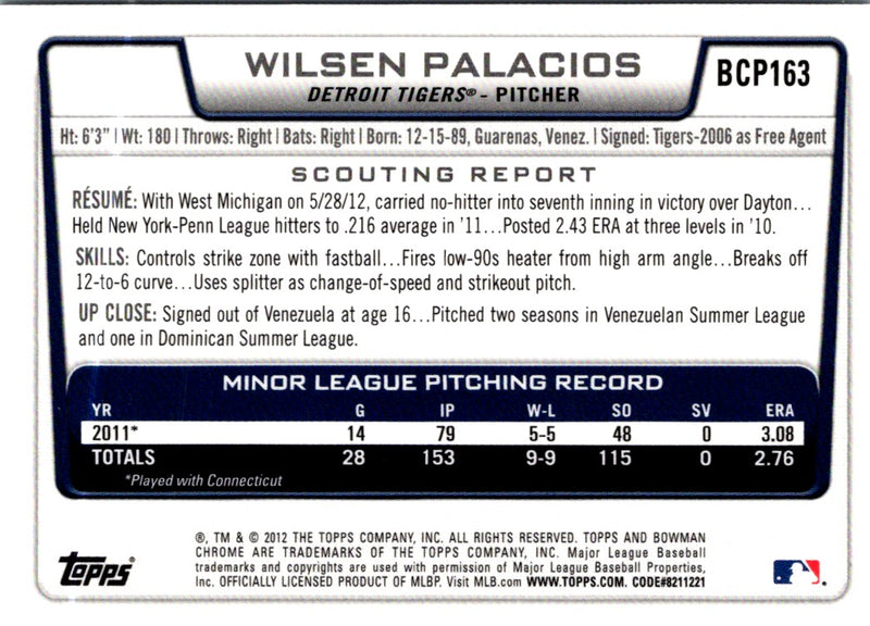 2012 Bowman Chrome Prospects Wilsen Palacios